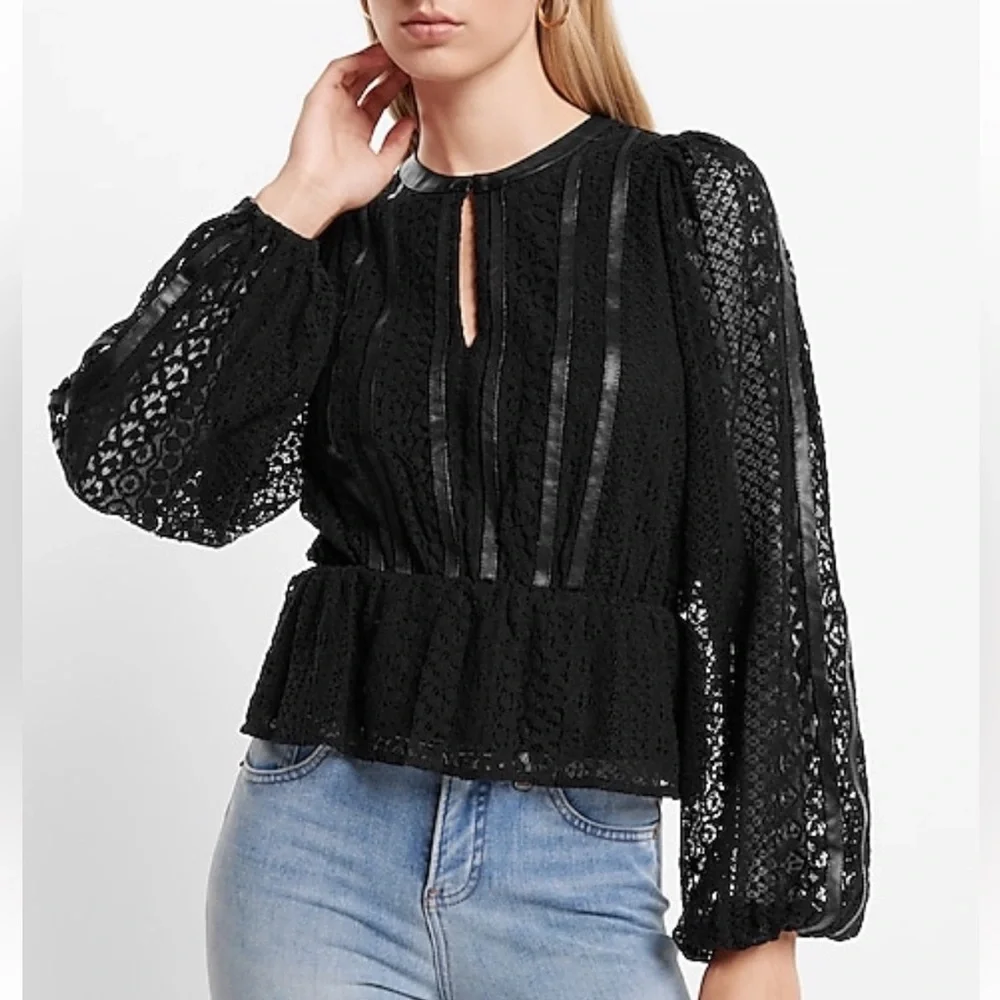 NWT Express Elegant Black Lace Peplum Faux Leather Trim Long Sleeve Top Black S